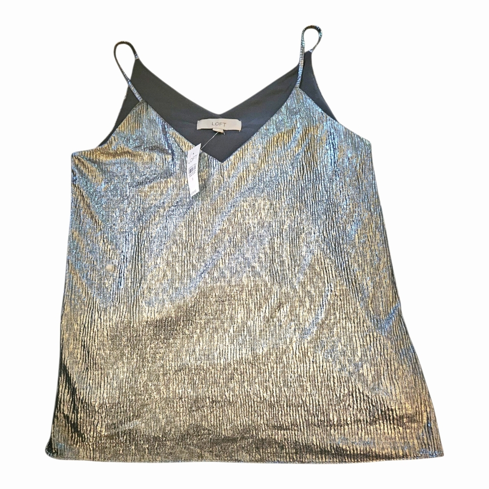 LOFT Silver Shimmer Spaghetti Strap Lined Tank Top Relaxed Fit Size S